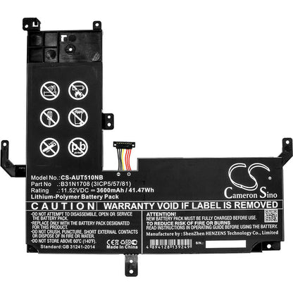 11.52V, 3600mAh, Li-Polymer Battery fits Asus, Tp510, Tp510ua, 41.472Wh