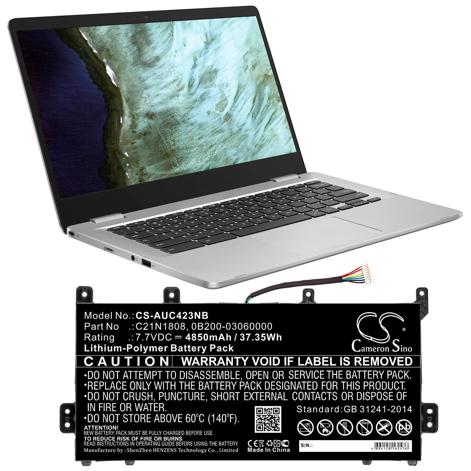 7.7V, 4850mAh, Li-Polymer Battery fits Asus, C423, C423na, 37.345Wh