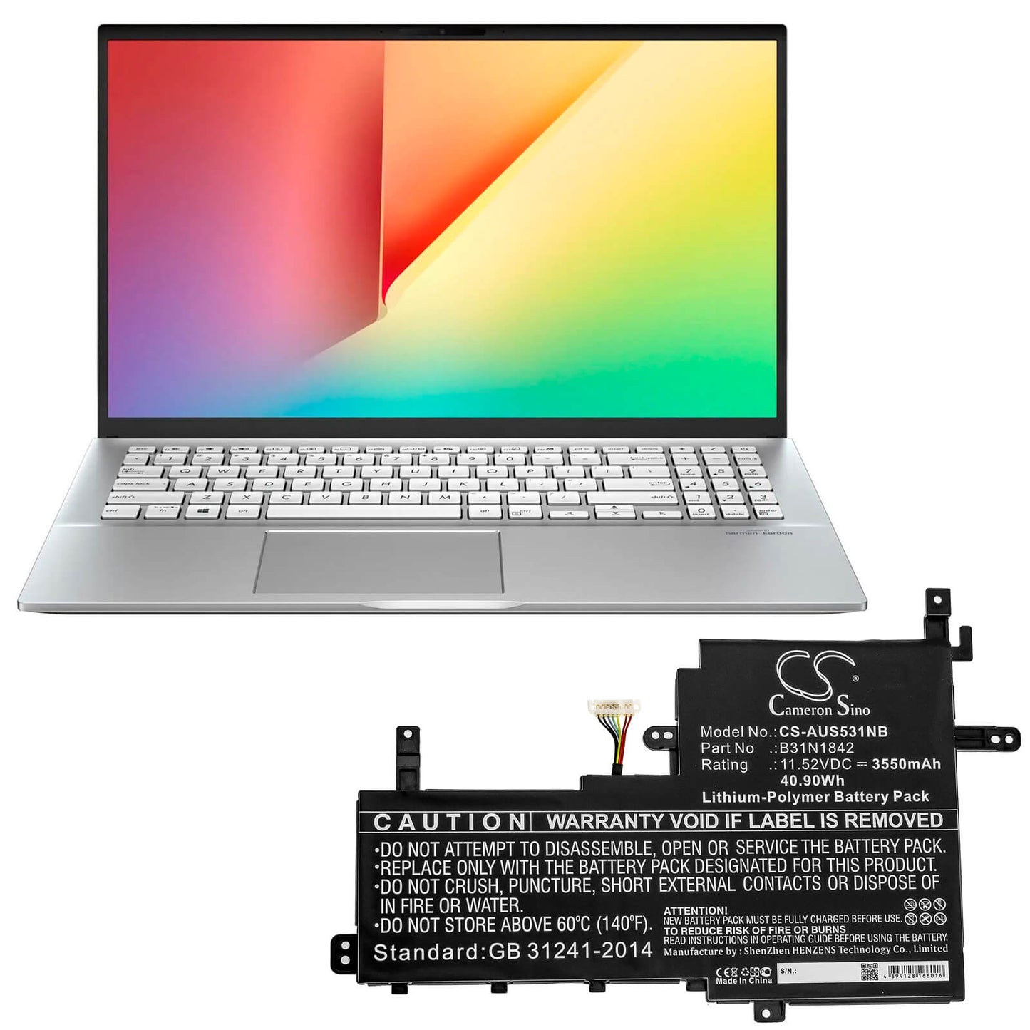 11.52V, 3550mAh, Li-Polymer Battery fits Asus, K531fa, K531fl, 40.896Wh