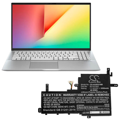 11.52V, 3550mAh, Li-Polymer Battery fits Asus, K531fa, K531fl, 40.896Wh