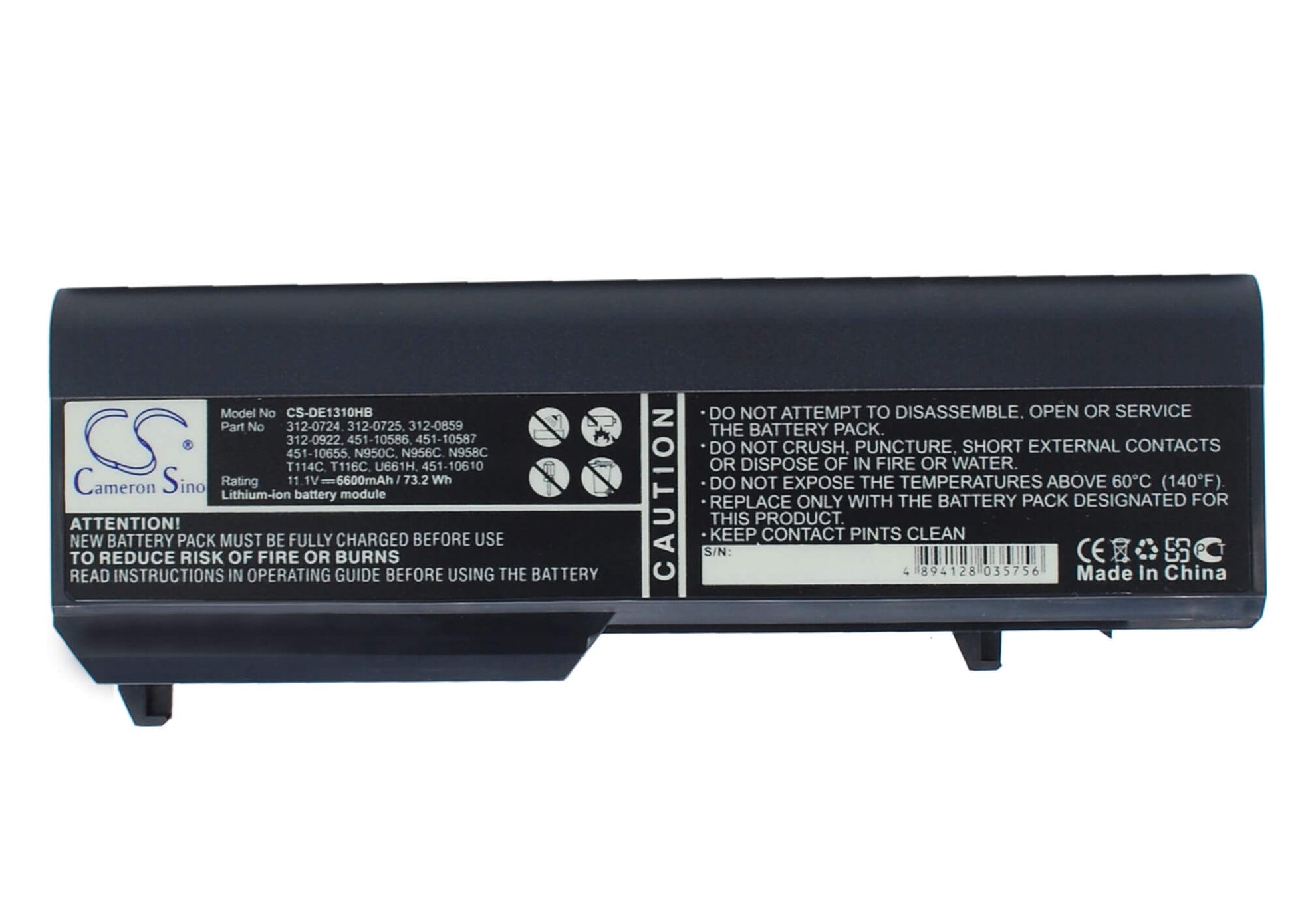 11.1V, 6600mAh, Li-ion Battery fits Dell, Vostro 1310, Vostro 1320, 73.26Wh