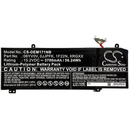 15.2V, 3700mAh, Li-Polymer Battery fits Dell, Alienware 2018 Orion M15, Alienware Alw15m-d1735r, 56.24Wh