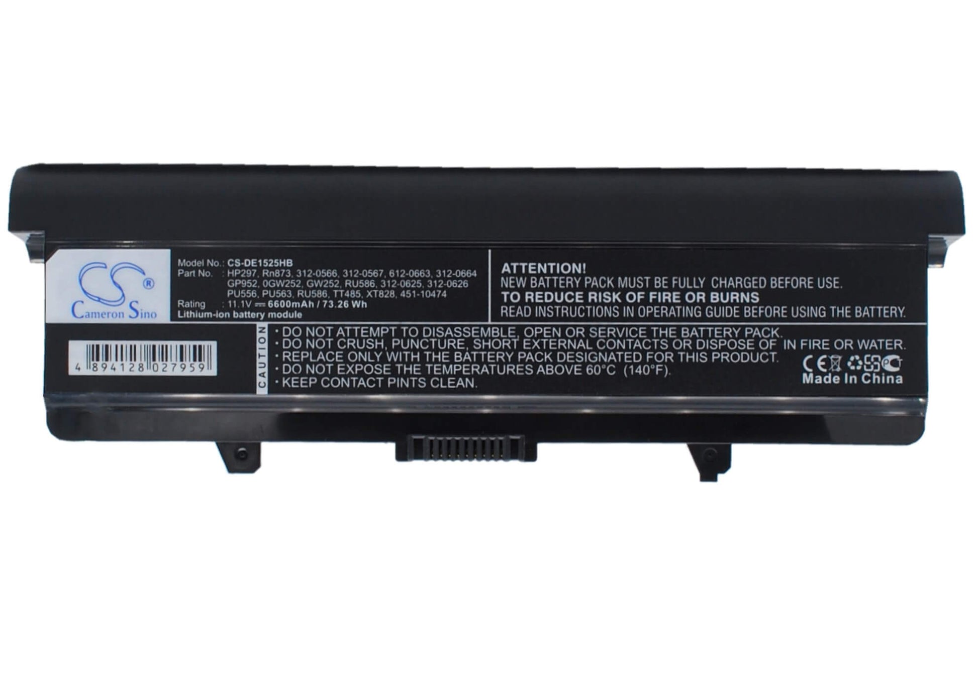 11.1V, 6600mAh, Li-ion Battery fits Dell, Inspiron 1525, Inspiron 1526, 73.26Wh