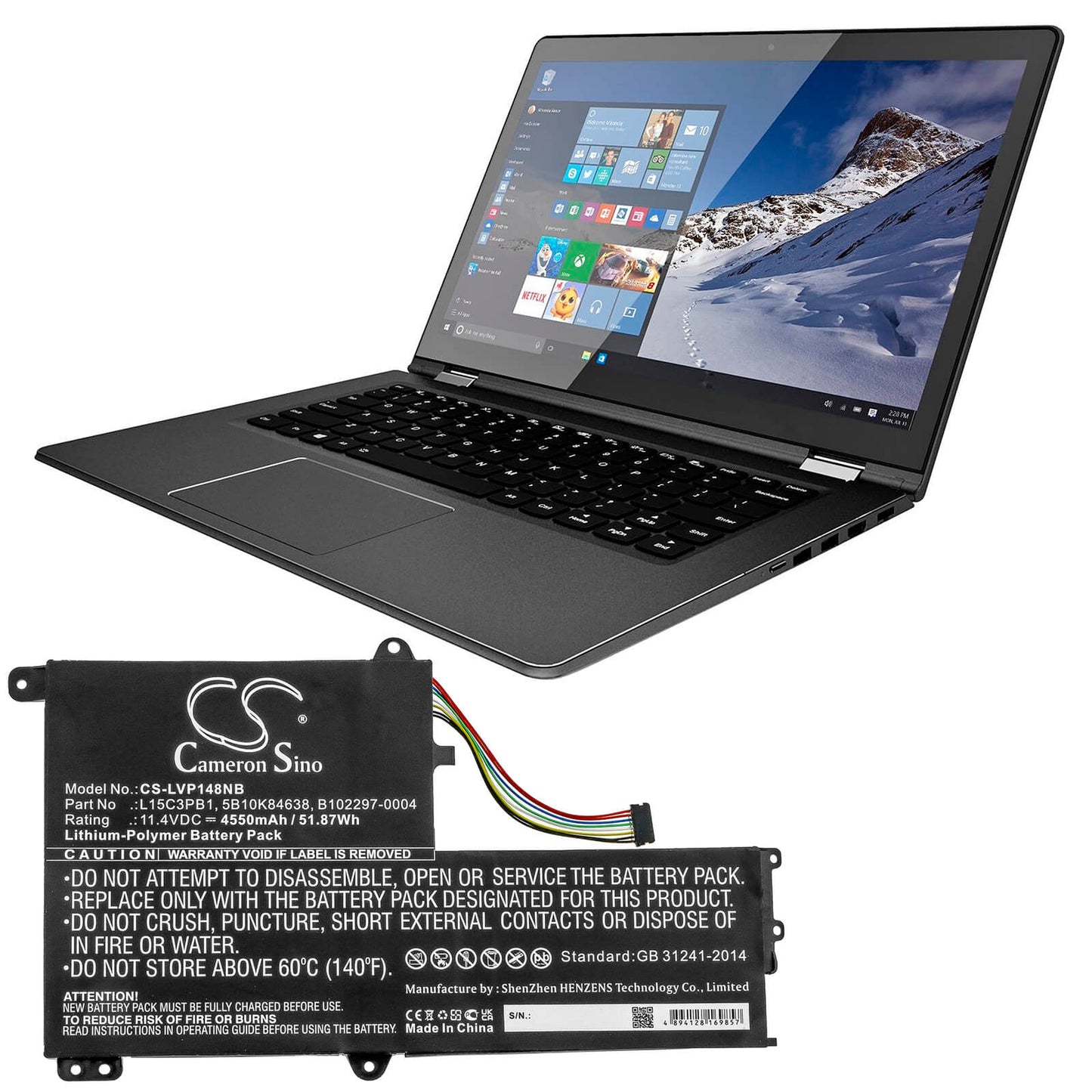 11.4V, 4550mAh, Li-Polymer Battery fits Lenovo, Flex 4-1480 14", Flex 4-1570, 51.87Wh