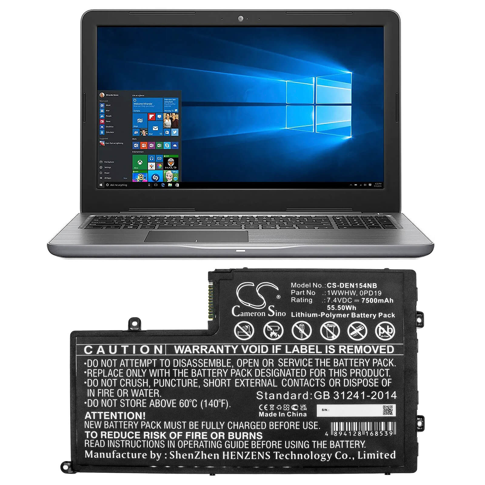 7.4V, 7500mAh, Li-Polymer Battery fits Dell, Ins14md-1328r, Ins14md-1328s, 55.5Wh