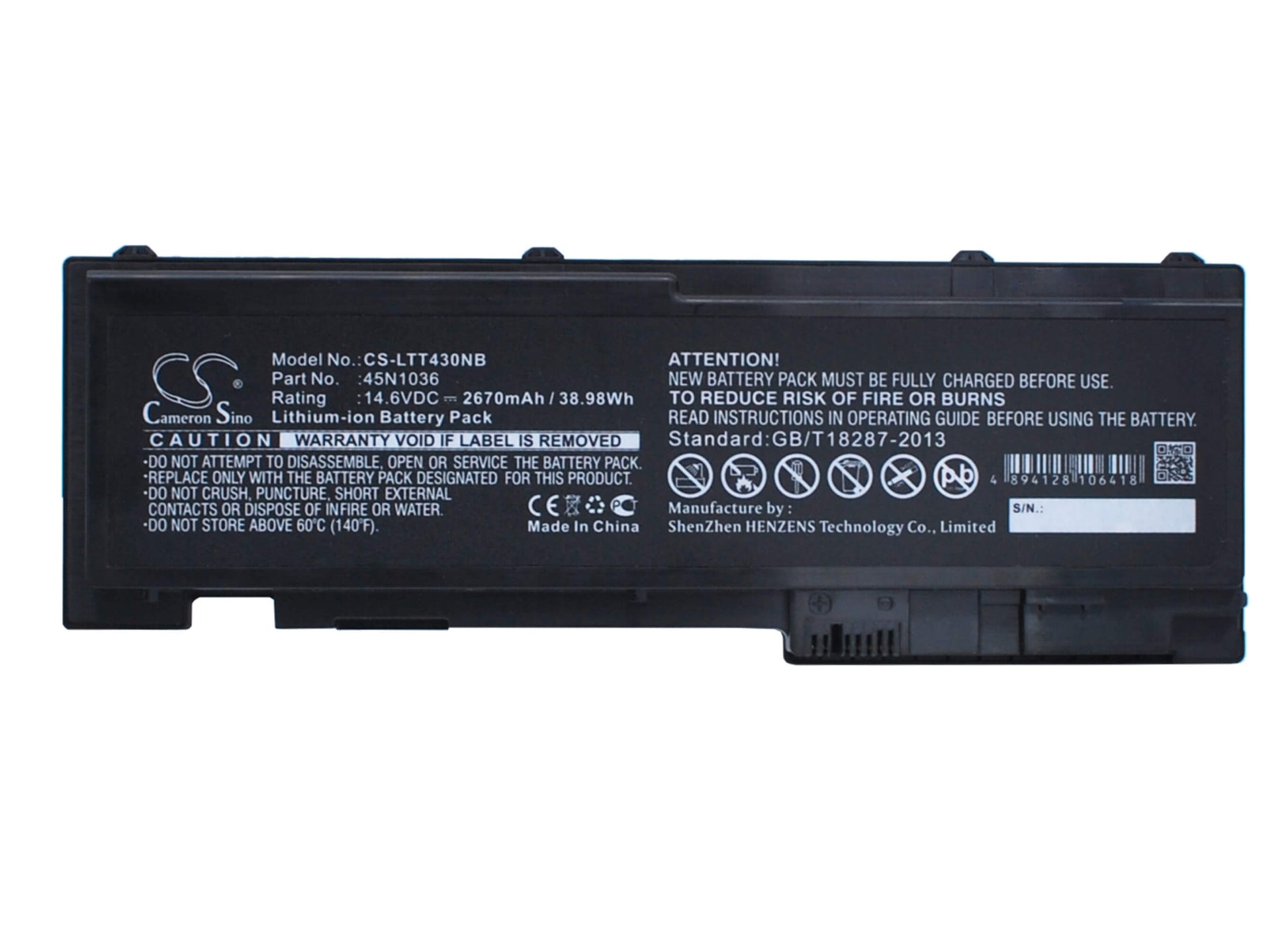 14.6V, 2670mAh, Li-ion Battery fits Lenovo, Thinkpad T430s, Thinkpad T430si, 38.982Wh
