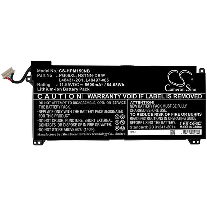 11.55V, 5600mAh, Li-ion Battery fits Hp, Omen 15-dh0000na, Omen 15-dh0000nx, 64.68Wh