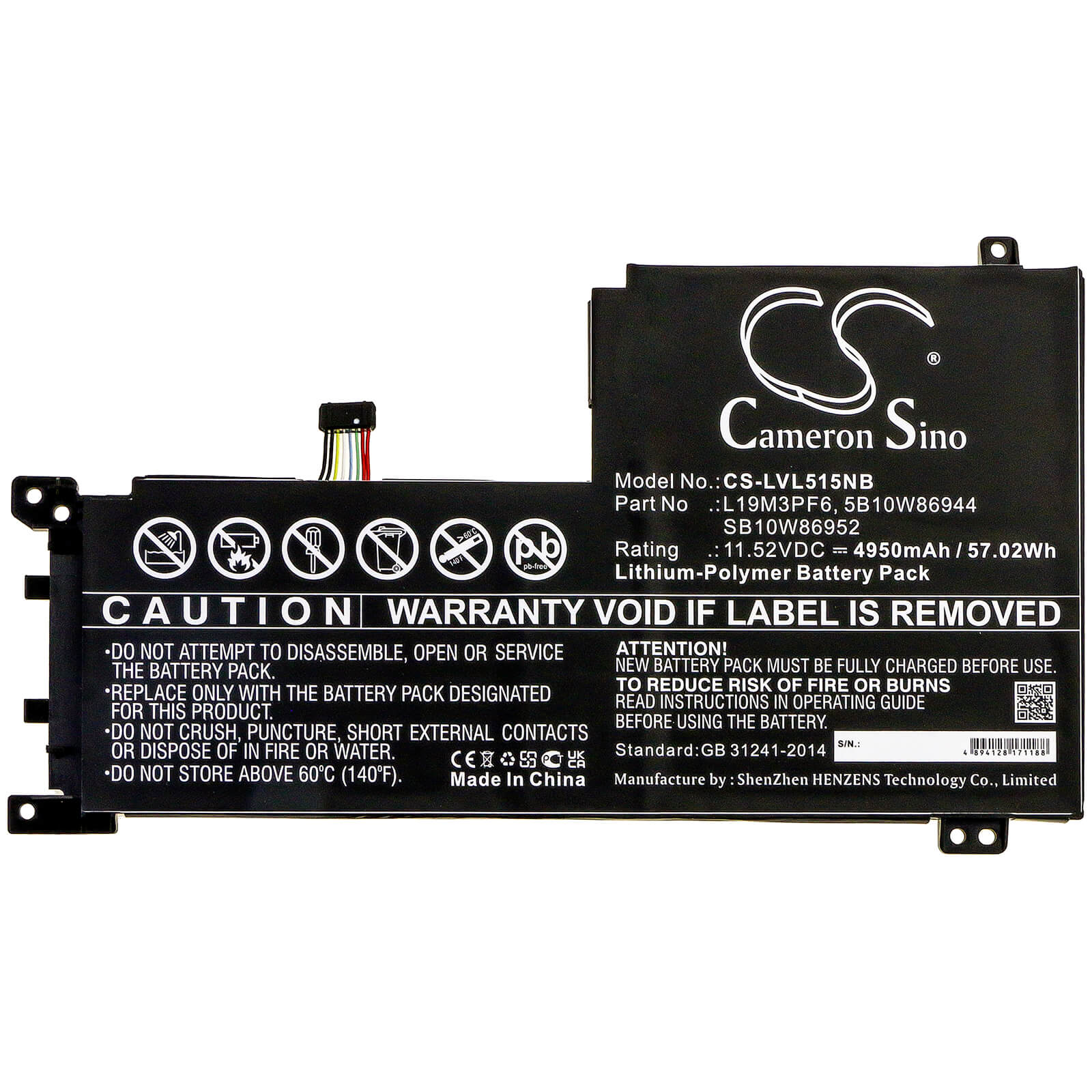 11.52V, 4950mAh, Li-Polymer Battery fits Lenovo, Ideapad 5-15iil05, Ideapad 5-15iil05 81y, 57.024Wh