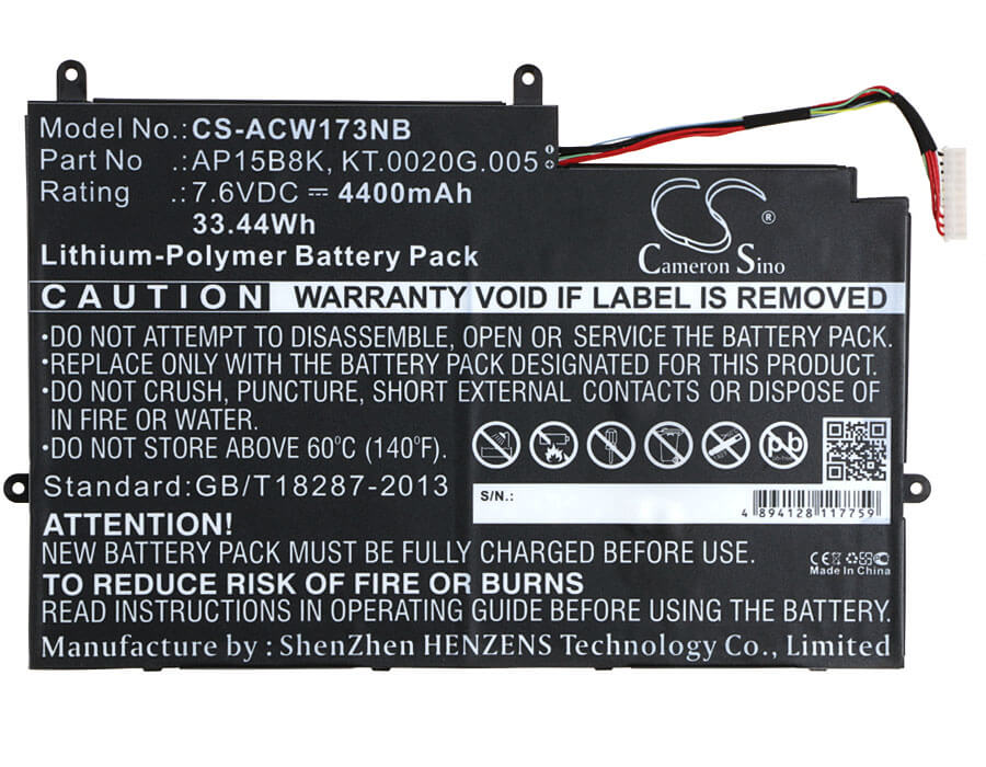 7.6V, 4400mAh, Li-Polymer Battery fits Acer, Aspire Switch 11 Sw5-173, Aspire Switch 11 Sw5-173p, 33.44Wh