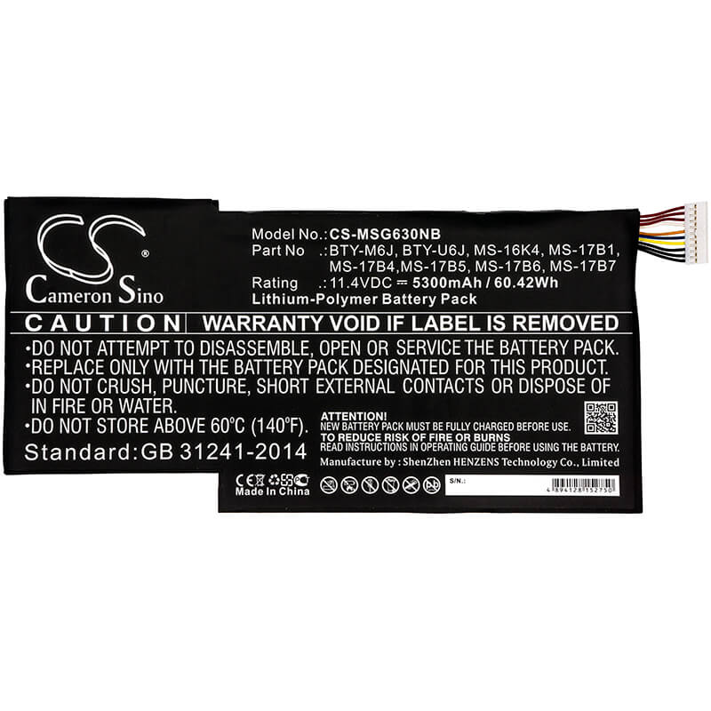 11.4V, 5300mAh, Li-Polymer Battery fits Msi, 0016k2-213, 0016k2-214, 60.42Wh