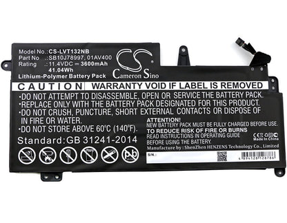 11.4V, 3600mAh, Li-Polymer Battery fits Lenovo, 20gj-006jsp, Lenovo Think Pad 13 (20gjs0250, 41.04Wh