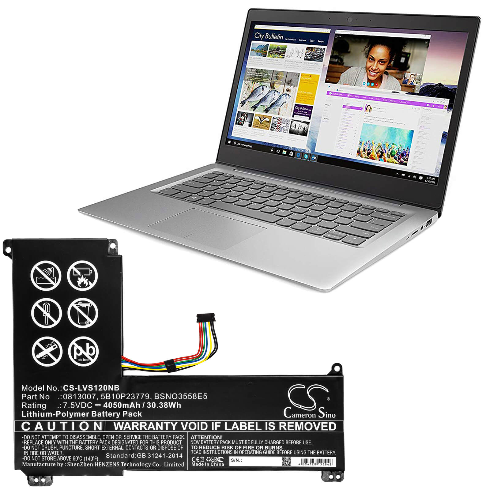 7.5V, 4050mAh, Li-Polymer Battery fits Lenovo, Ideapad 120s-14, Ideapad 120s-14iap, 30.375Wh