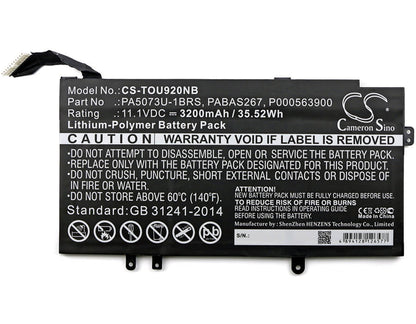 11.1V, 3200mAh, Li-Polymer Battery fits Toshiba, Satellite U920t, Satellite U920t-100, 35.52Wh