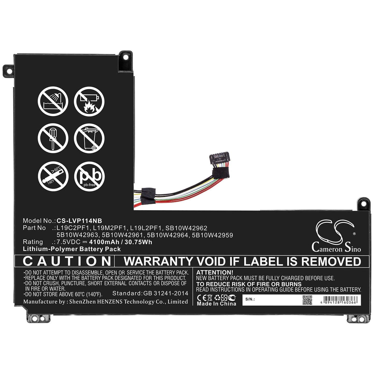 7.5V, 4100mAh, Li-Polymer Battery fits Lenovo, Ideapad 1-11igl05, Ideapad 1-14igl05, 30.75Wh