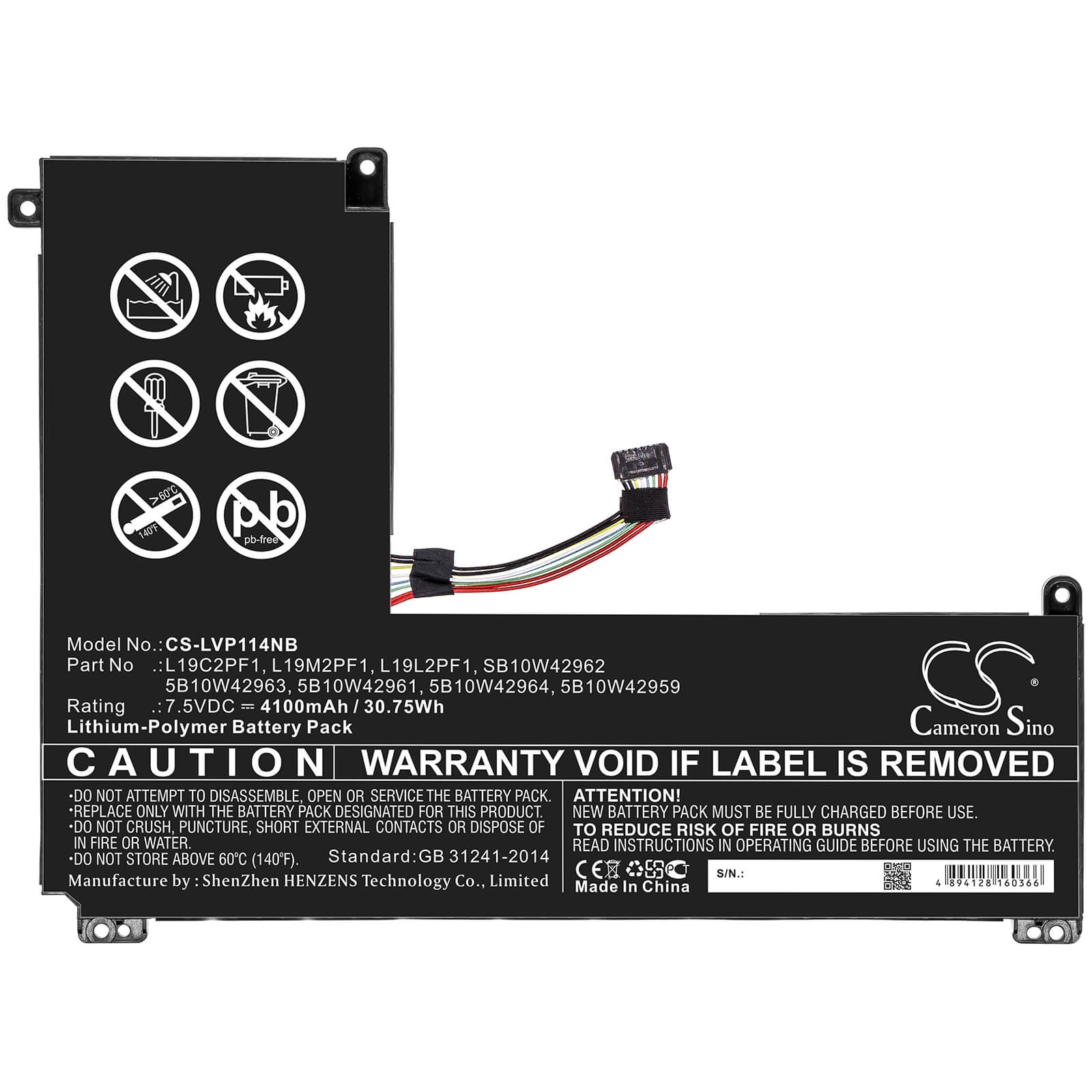 7.5V, 4100mAh, Li-Polymer Battery fits Lenovo, Ideapad 1-11igl05, Ideapad 1-14igl05, 30.75Wh