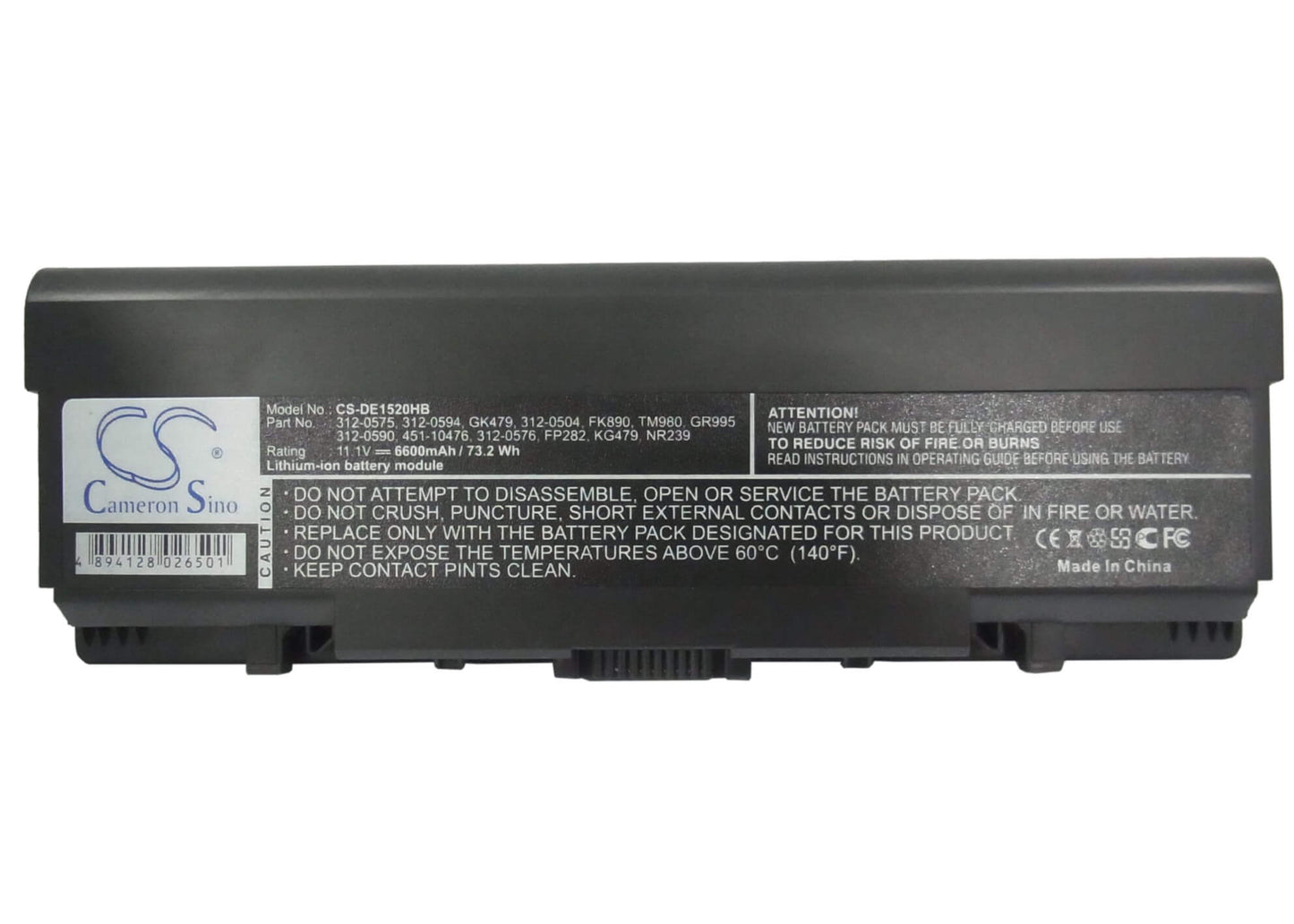 11.1V, 6600mAh, Li-ion Battery fits Dell, Inspiron 1520, Inspiron 1521, 73.26Wh