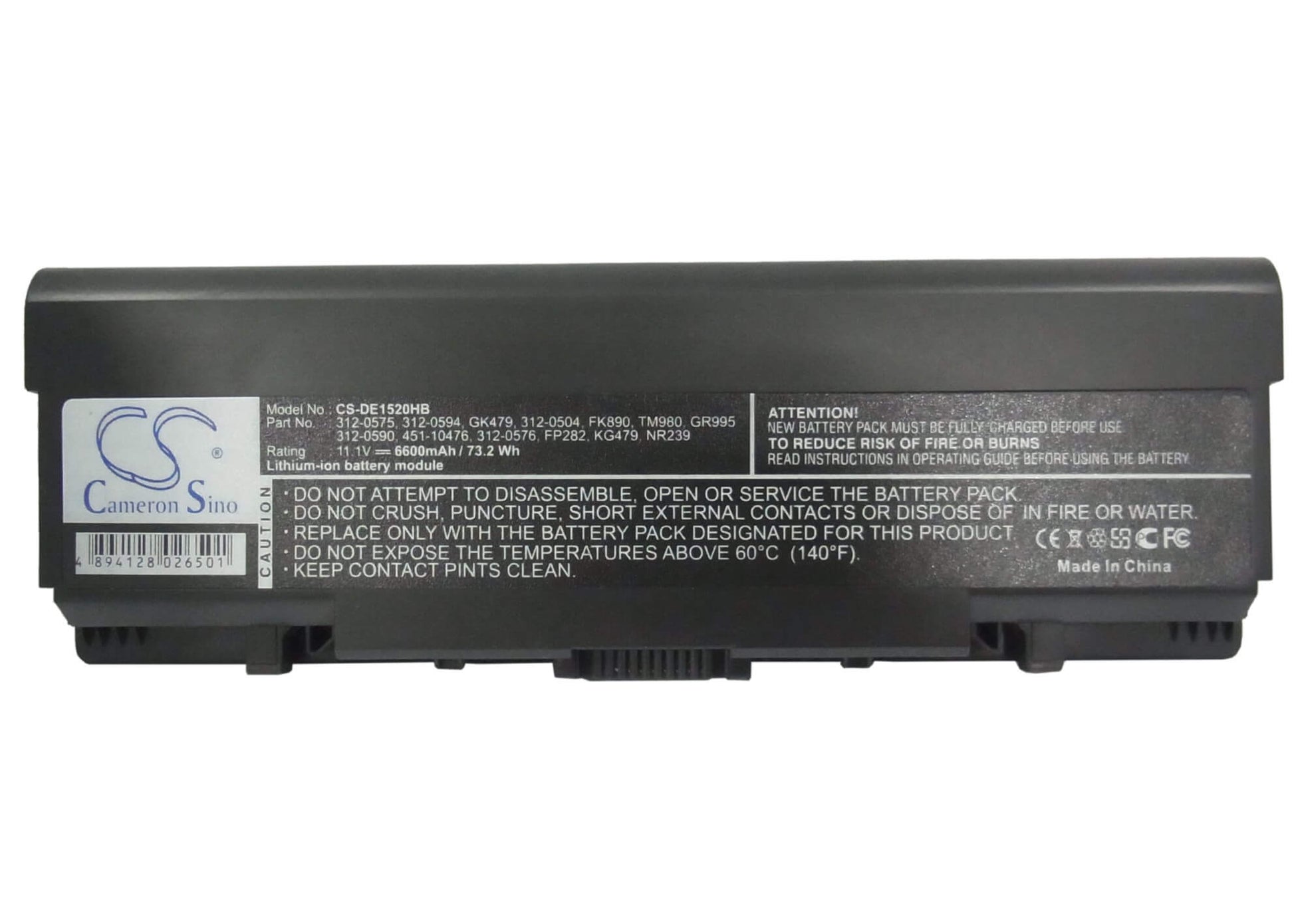 11.1V, 6600mAh, Li-ion Battery fits Dell, Inspiron 1520, Inspiron 1521, 73.26Wh