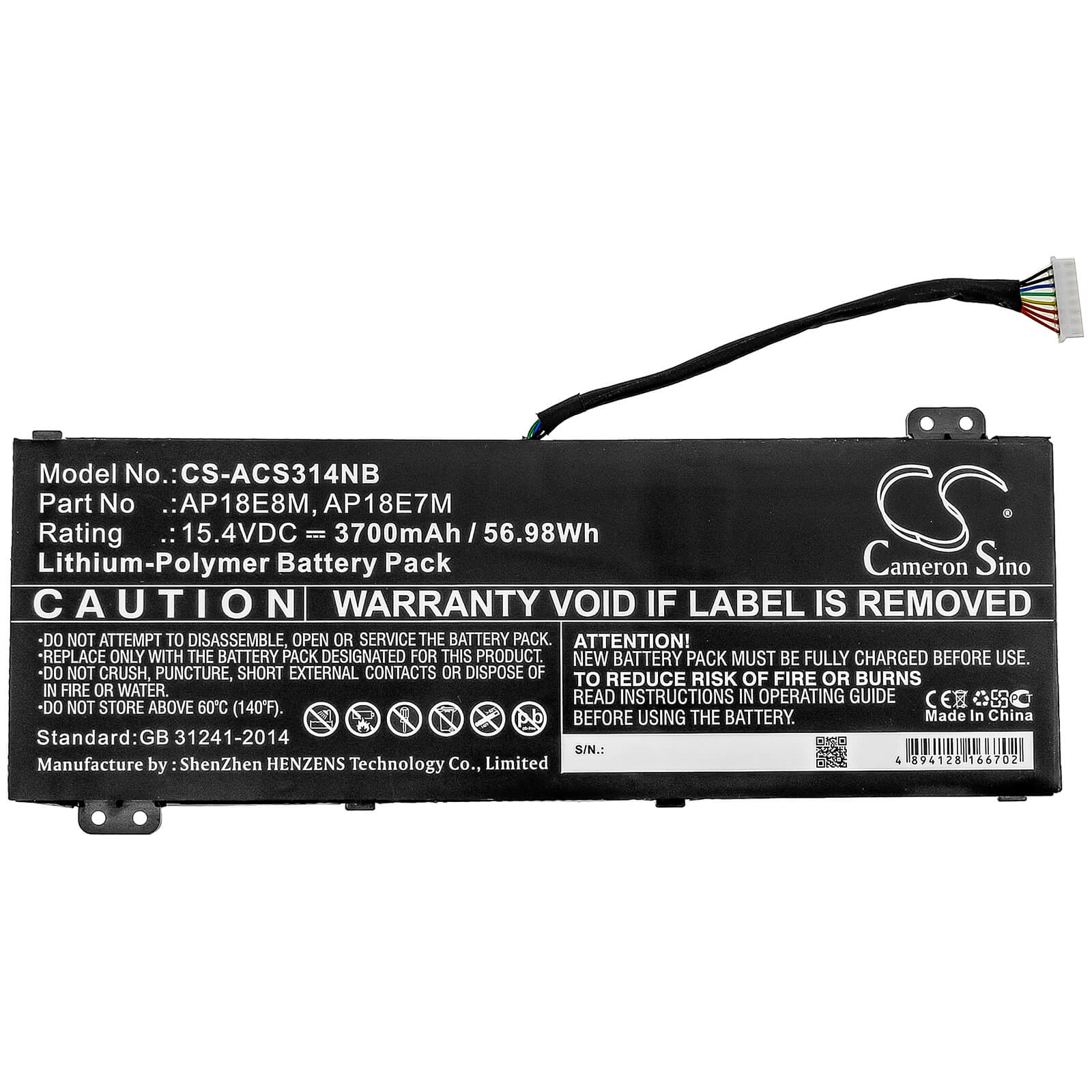 15.4V, 3700mAh, Li-Polymer Battery fits Acer, Aspire 7 715-74g-52mv, Aspire 7 A715-74, 56.98Wh