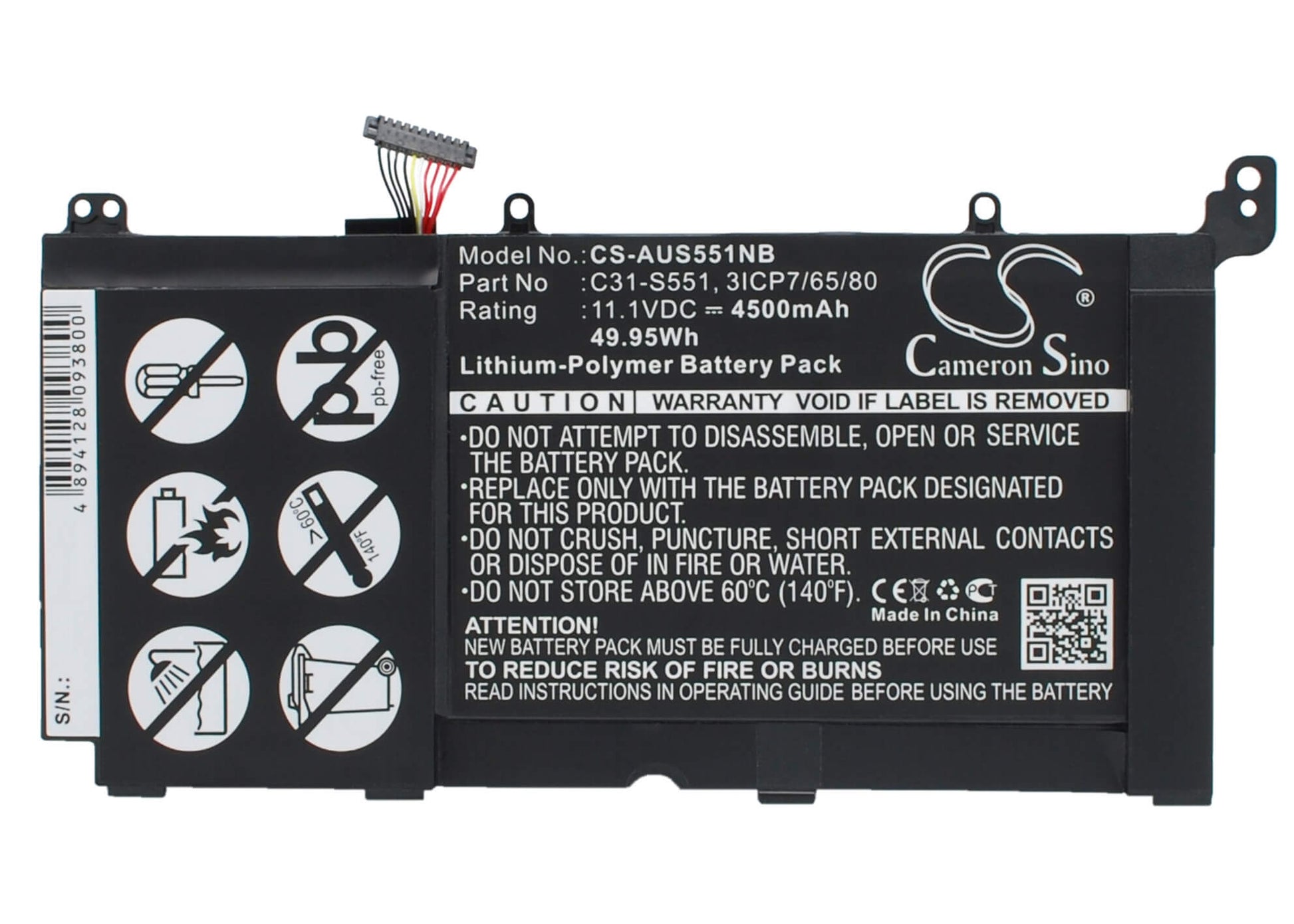 11.1V, 4500mAh, Li-Polymer Battery fits Asus, S551l, S551la, 49.95Wh