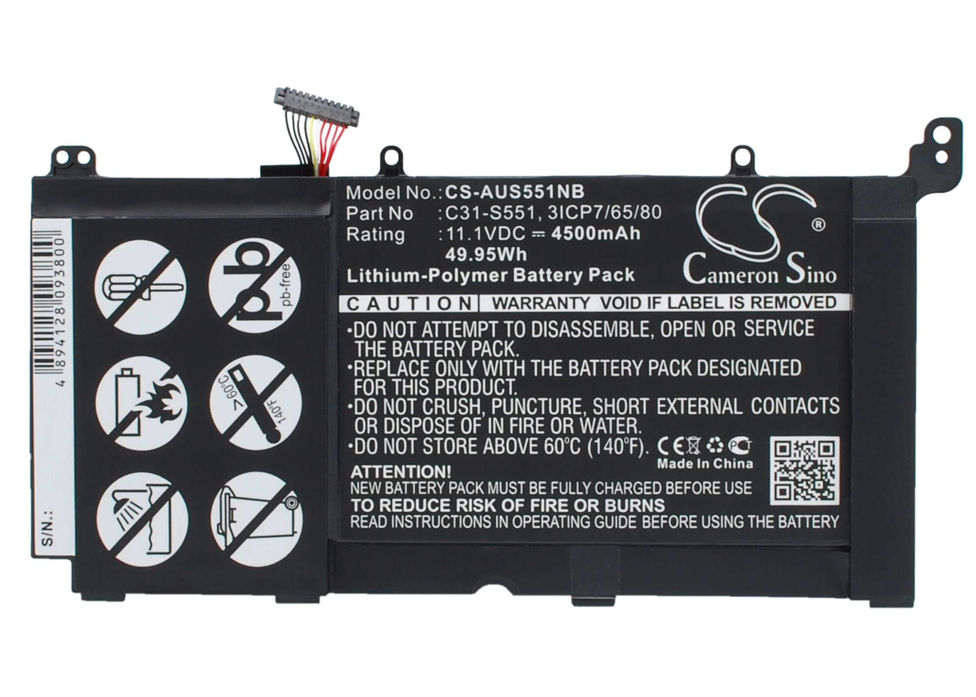 11.1V, 4500mAh, Li-Polymer Battery fits Asus, S551l, S551la, 49.95Wh