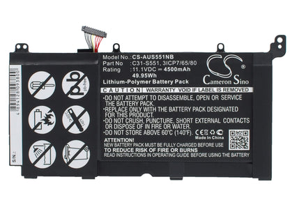 11.1V, 4500mAh, Li-Polymer Battery fits Asus, S551l, S551la, 49.95Wh