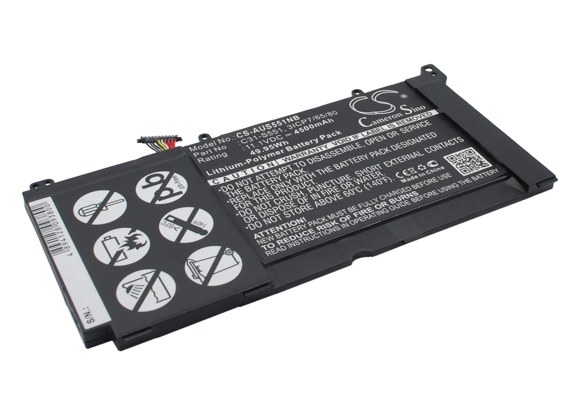 11.1V, 4500mAh, Li-Polymer Battery fits Asus, S551l, S551la, 49.95Wh