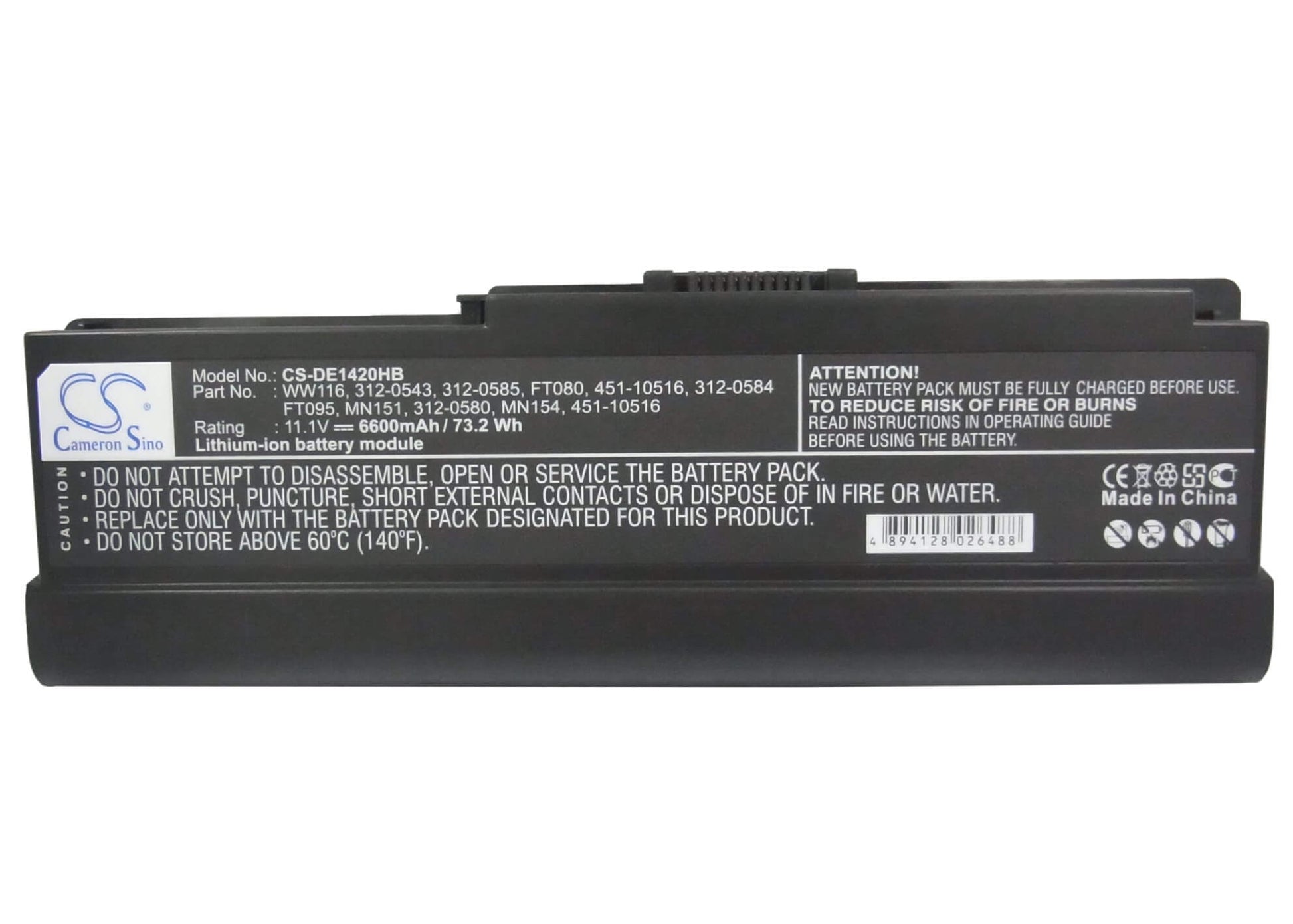 11.1V, 6600mAh, Li-ion Battery fits Dell, Inspiron 1420, Vostro 1400, 73.26Wh
