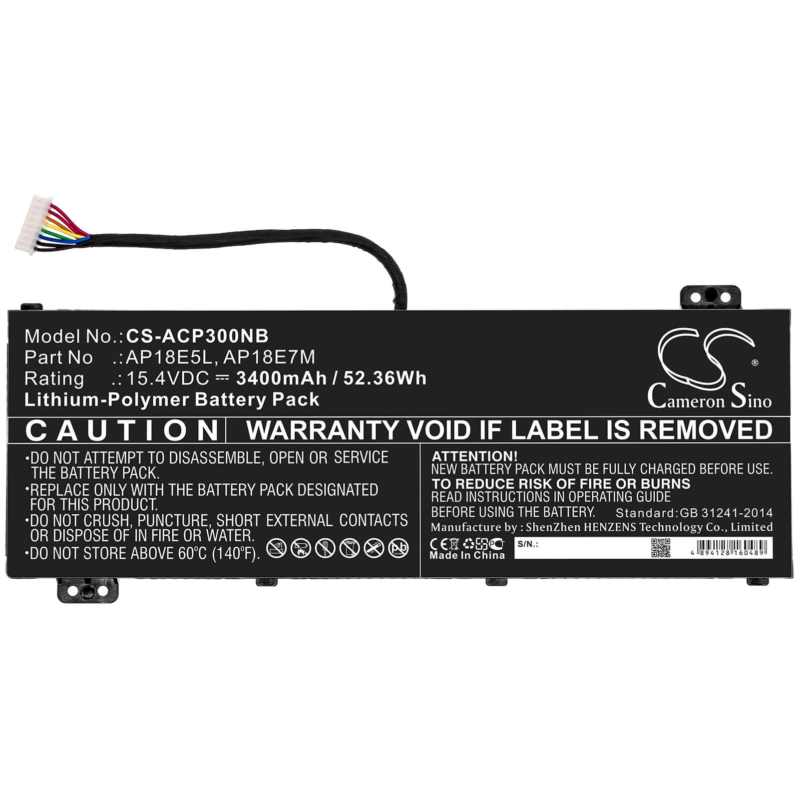 15.4V, 3400mAh, Li-Polymer Battery fits Acer, Ph315 Zin, Predator Helios 300, 52.36Wh