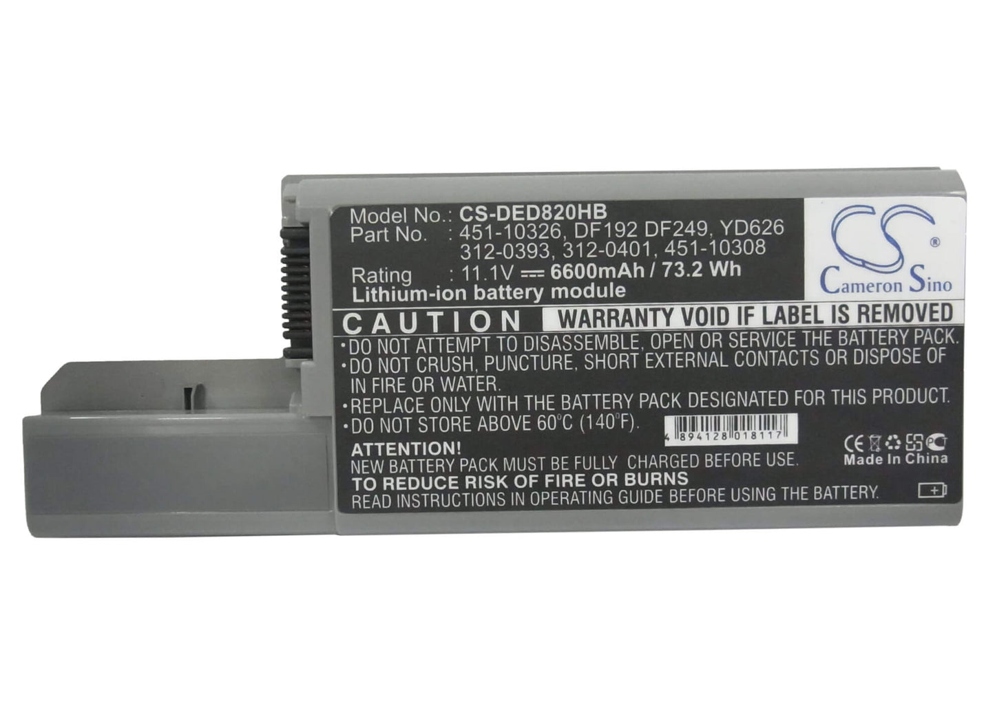 11.1V, 6600mAh, Li-ion Battery fits Dell, Latitude D531, Latitude D820, 73.26Wh