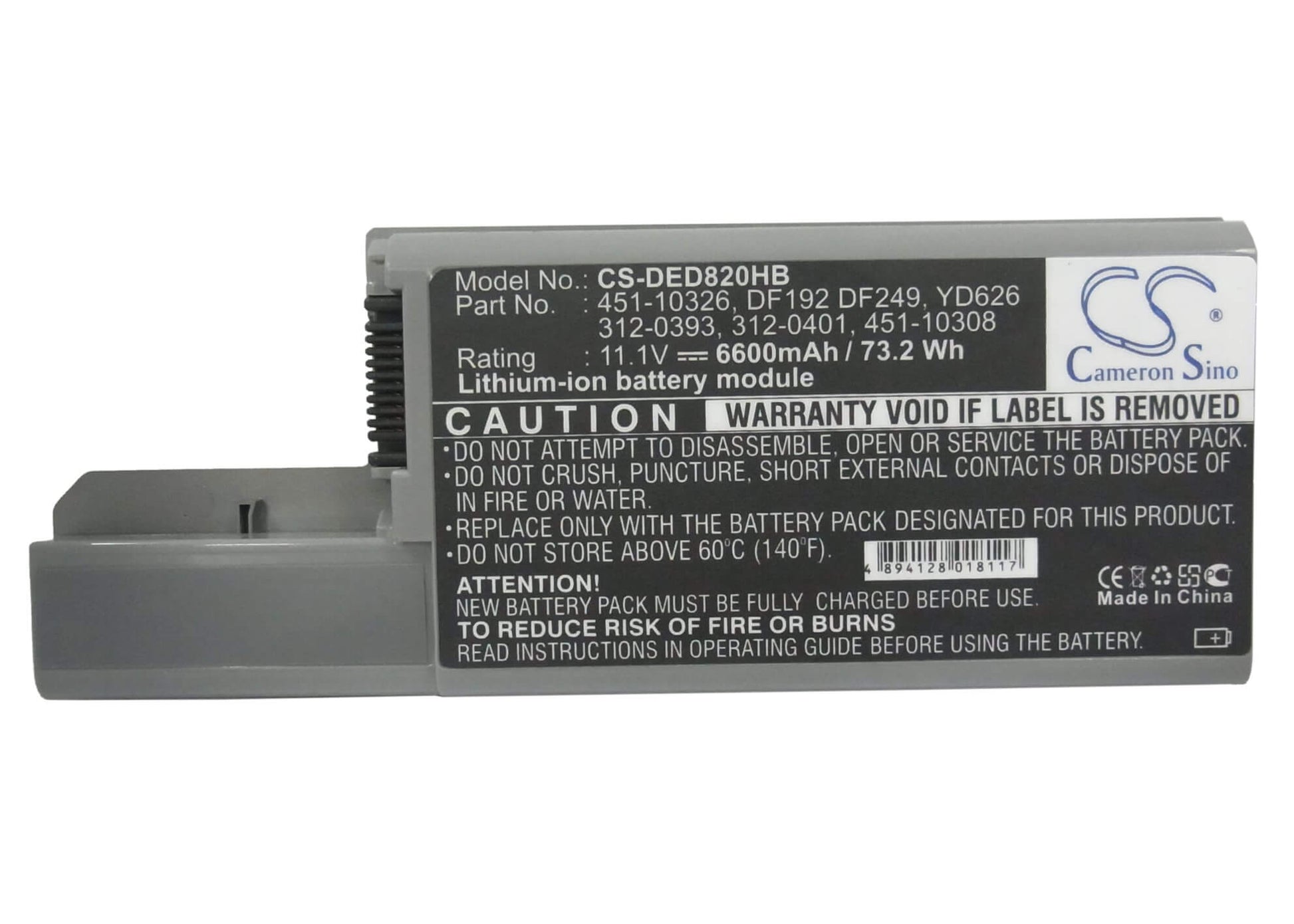 11.1V, 6600mAh, Li-ion Battery fits Dell, Latitude D531, Latitude D820, 73.26Wh