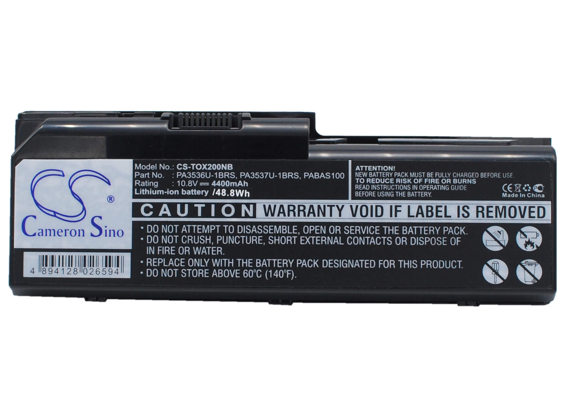 10.8V, 4400mAh, Li-ion Battery fits Toshiba, Equium P200, Equium P200-178, 47.52Wh