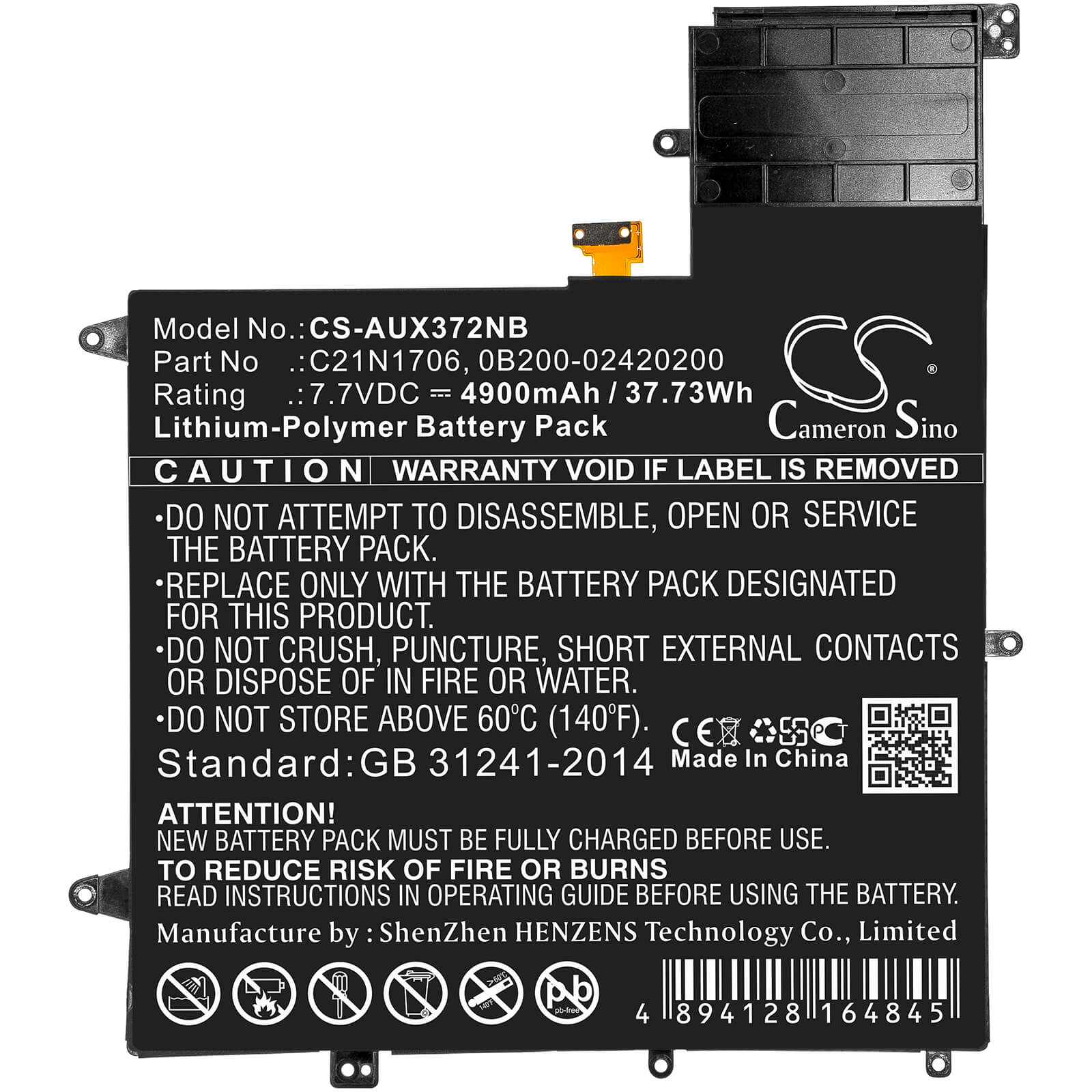 7.7V, 4900mAh, Li-Polymer Battery fits Asus, Ux370f, Ux370ua-0061a7500u, 37.73Wh