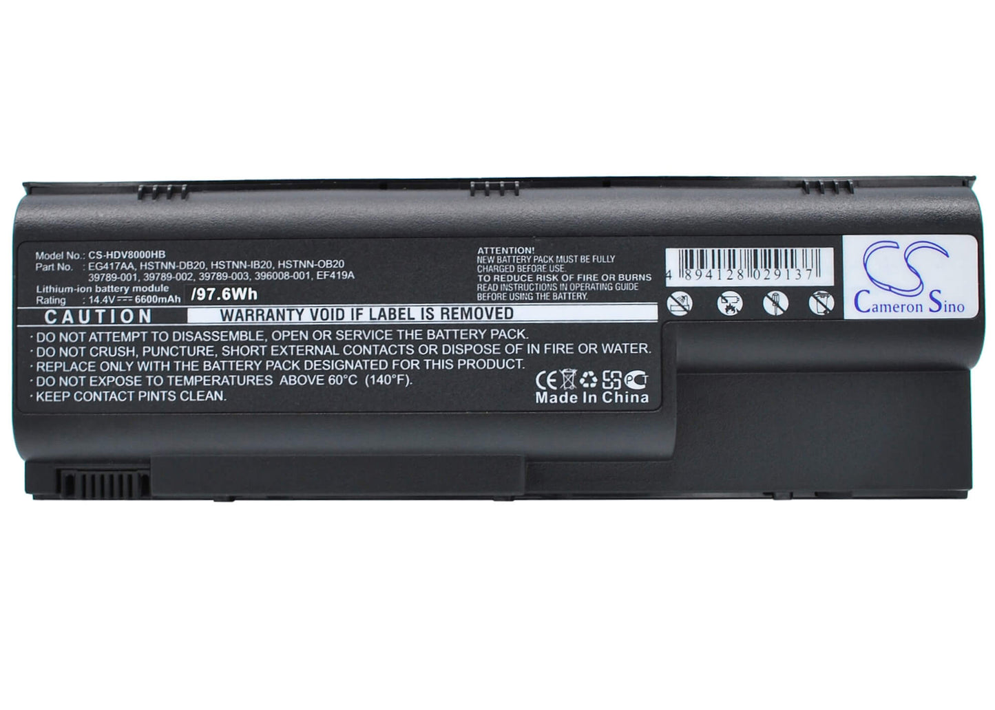 14.4V, 6600mAh, Li-ion Battery fits Hp, Pavilion Dv8000, Pavilion Dv8000t, 95.04Wh
