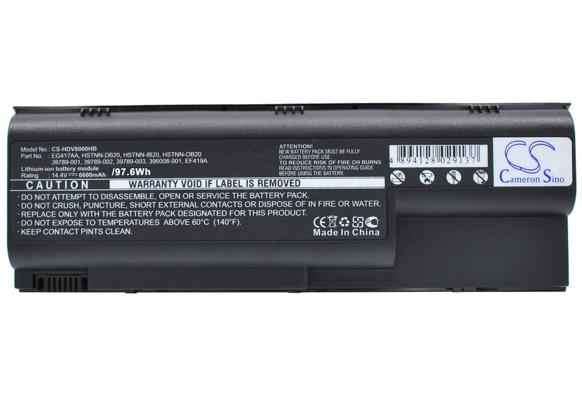 14.4V, 6600mAh, Li-ion Battery fits Hp, Pavilion Dv8000, Pavilion Dv8000t, 95.04Wh