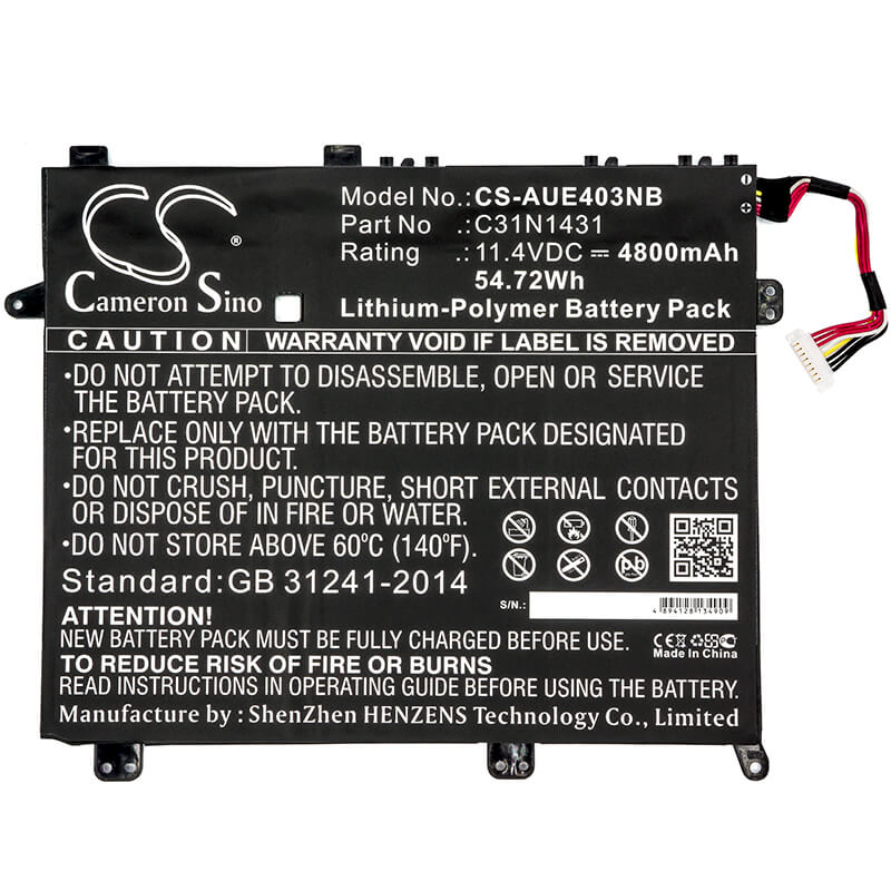 11.4V, 4800mAh, Li-Polymer Battery fits Asus, E403na-fa003t, E403na-fa007t, 54.72Wh