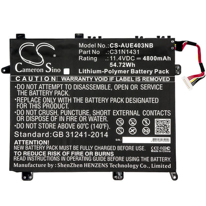 11.4V, 4800mAh, Li-Polymer Battery fits Asus, E403na-fa003t, E403na-fa007t, 54.72Wh