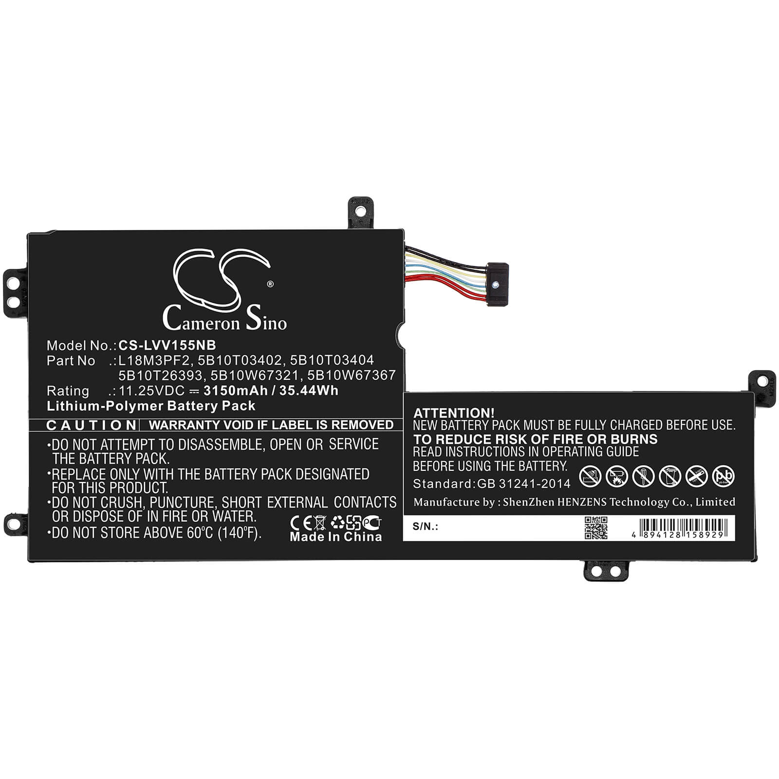 11.25V, 3150mAh, Li-Polymer Battery fits Lenovo, Ideapad L340, Ideapad L340 15iwl, 35.4375Wh