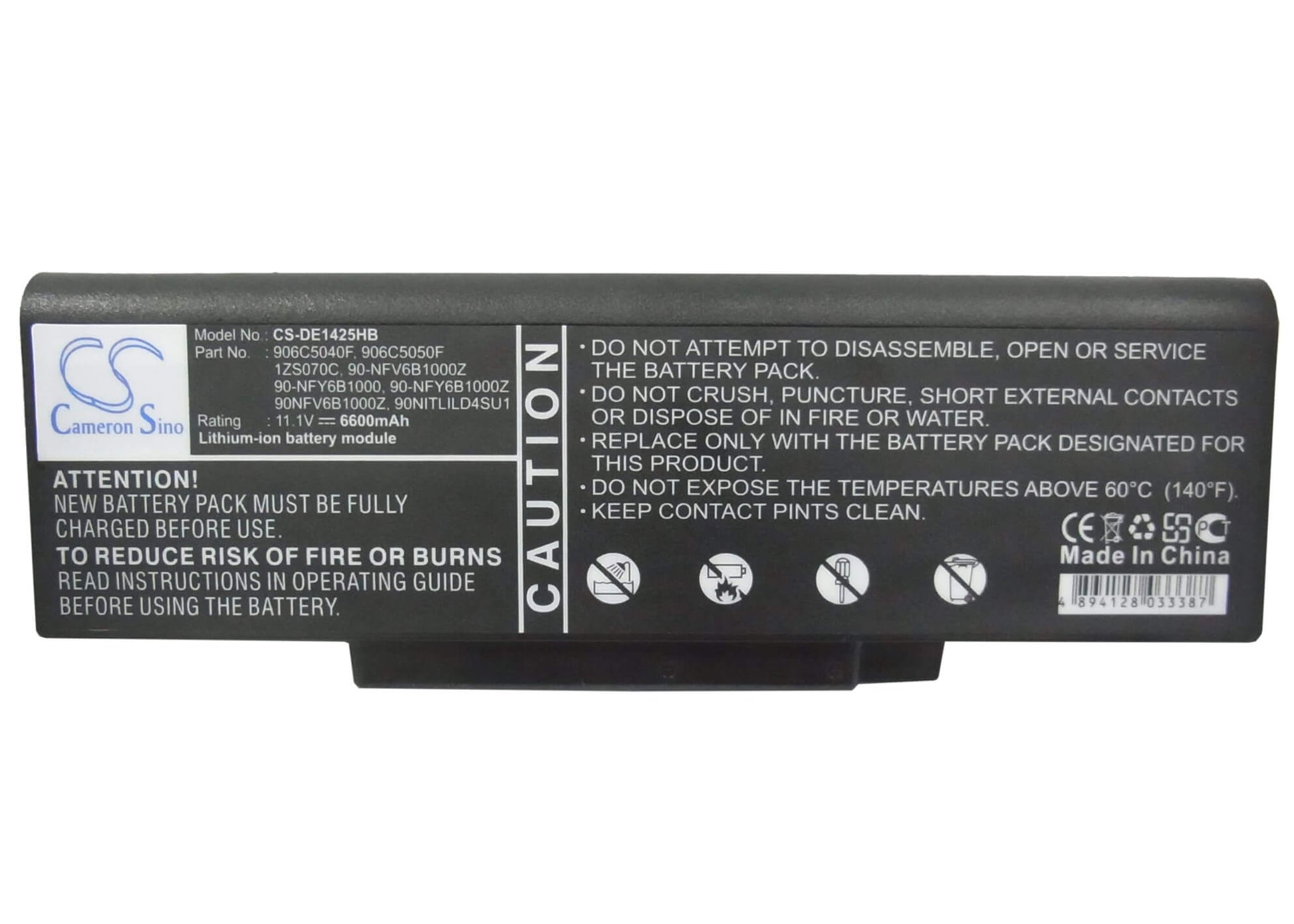 11.1V, 6600mAh, Li-ion Battery fits Dell, Inspiron 1425, Inspiron 1427, 73.26Wh