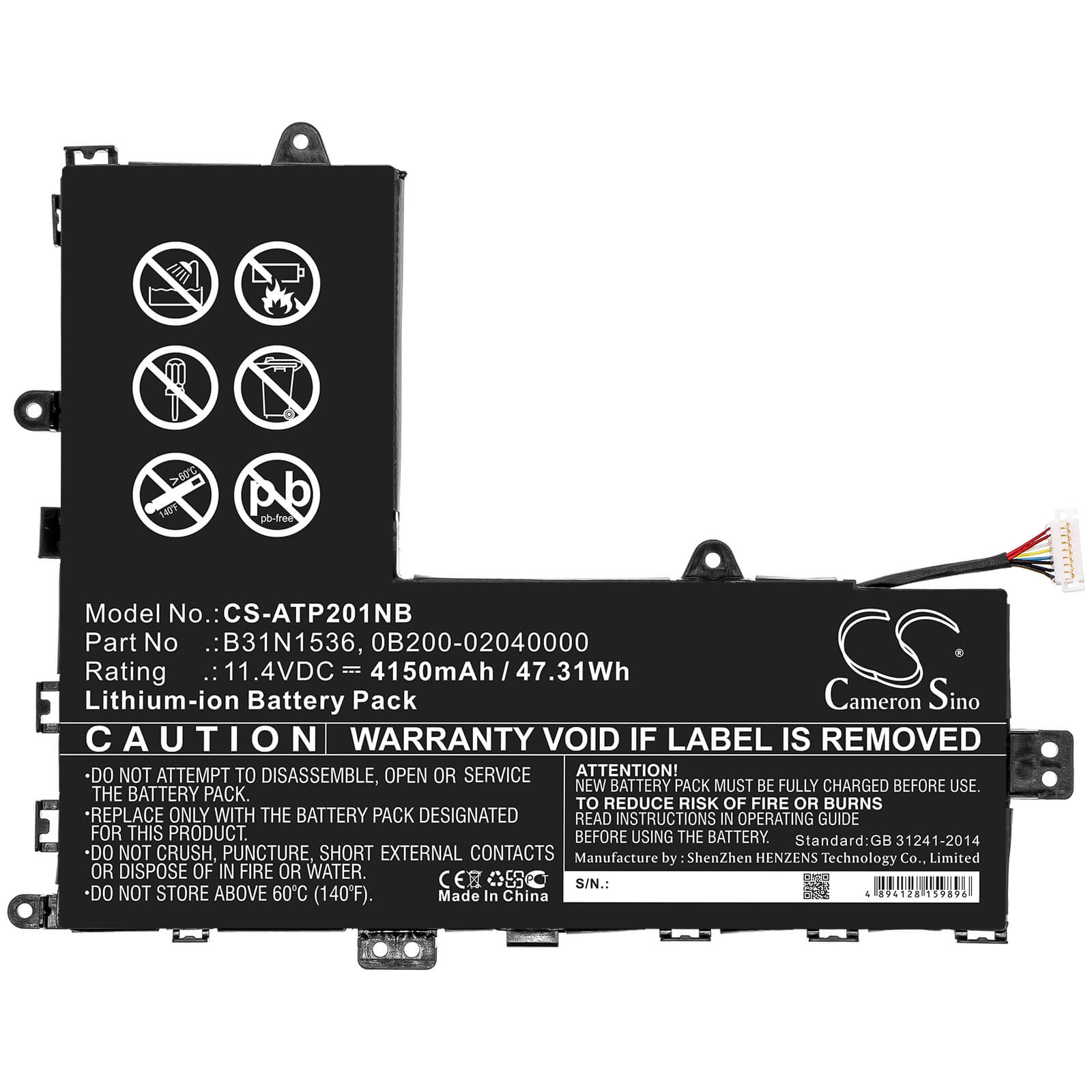 11.4V, 4150mAh, Li-ion Battery fits Asus, Tp201, Tp201sa, 47.31Wh