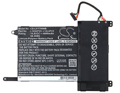 14.8V, 4000mAh, Li-Polymer Battery fits Lenovo, Eraser Y700, Eraser Y700 Touch, 59.2Wh