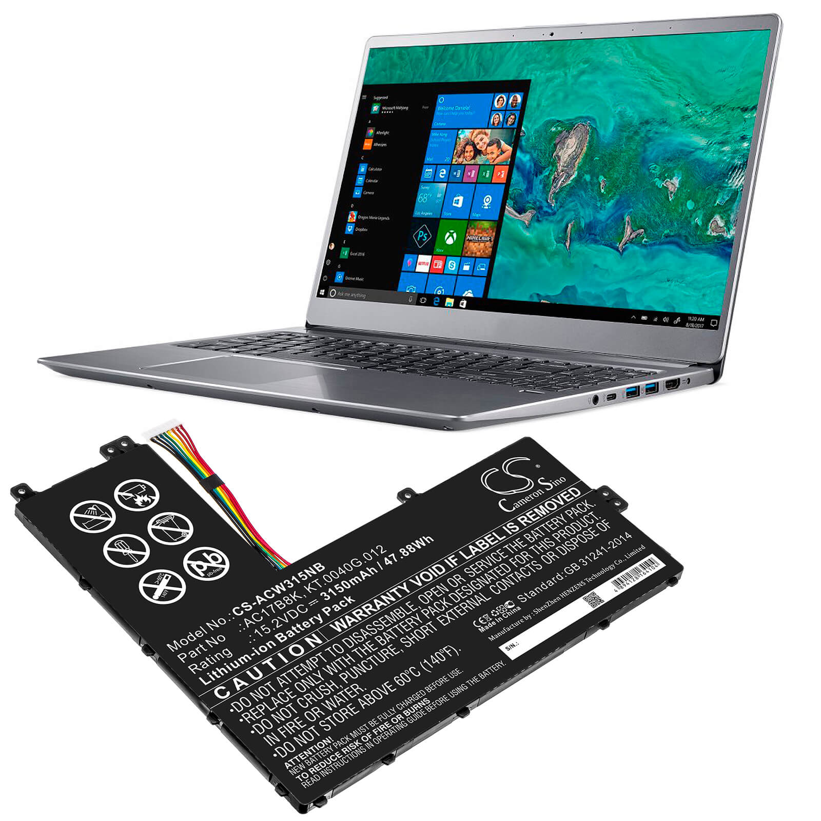 15.2V, 3150mAh, Li-ion Battery fits Acer, Sf315-52g-51hv, Sf315-52g-55ew, 47.88Wh