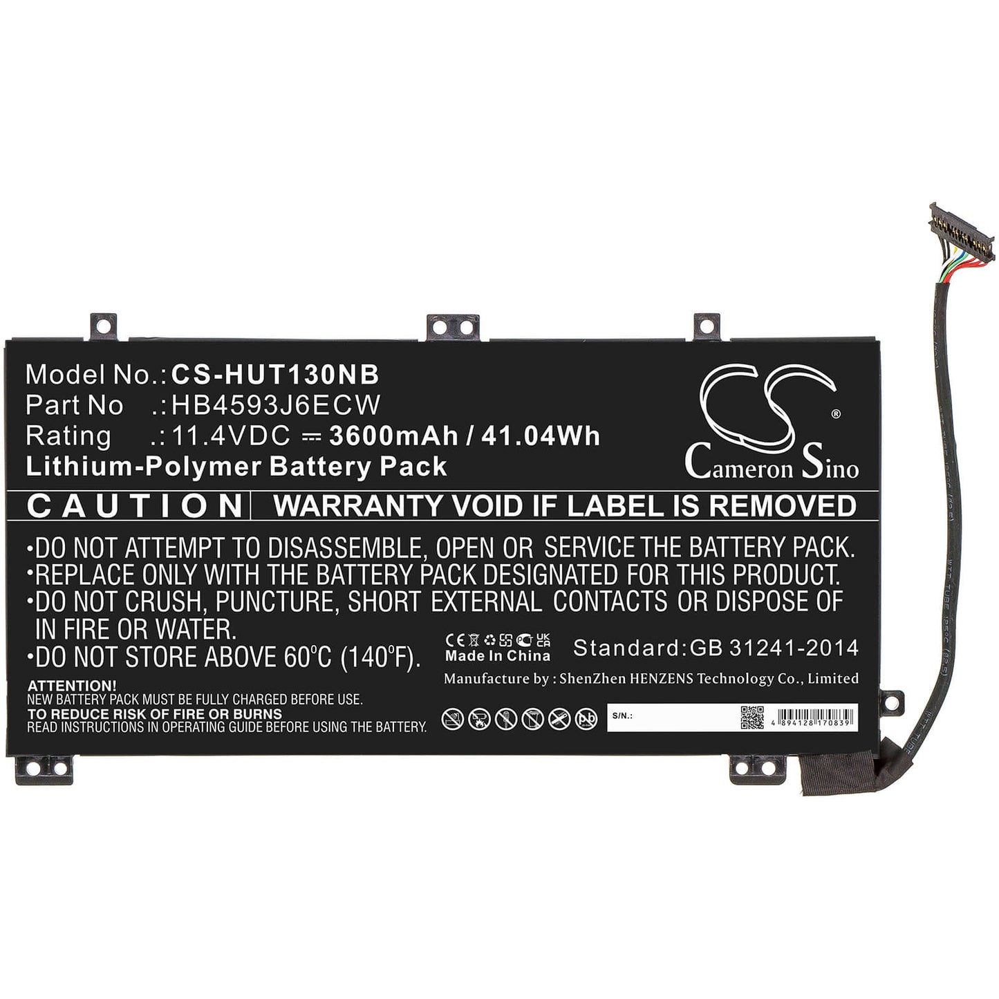 11.4V, 3600mAh, Li-Polymer Battery fits Huawei, Matebook 13, Matebook 13 I7, 41.04Wh