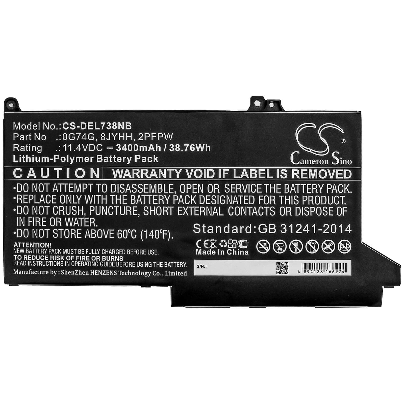 11.4V, 3400mAh, Li-Polymer Battery fits Dell, Latitude 12 5300, Latitude 12 7280, 38.76Wh