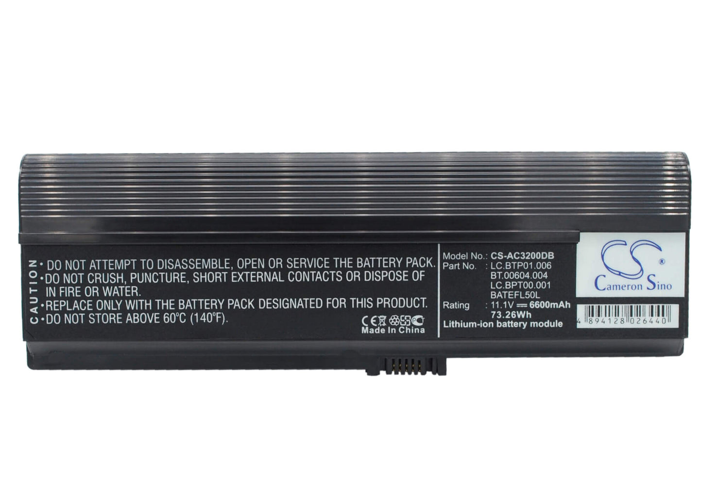 11.1V, 6600mAh, Li-ion Battery fits Acer, Acer Travelmate 3000, As36802682, 73.26Wh
