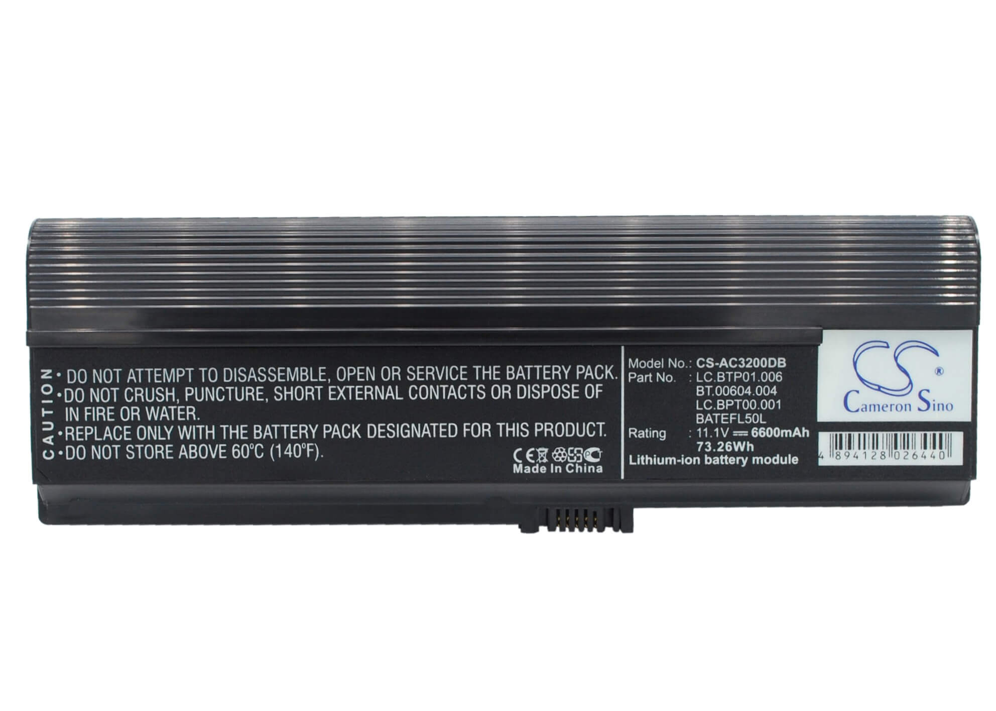 11.1V, 6600mAh, Li-ion Battery fits Acer, Acer Travelmate 3000, As36802682, 73.26Wh