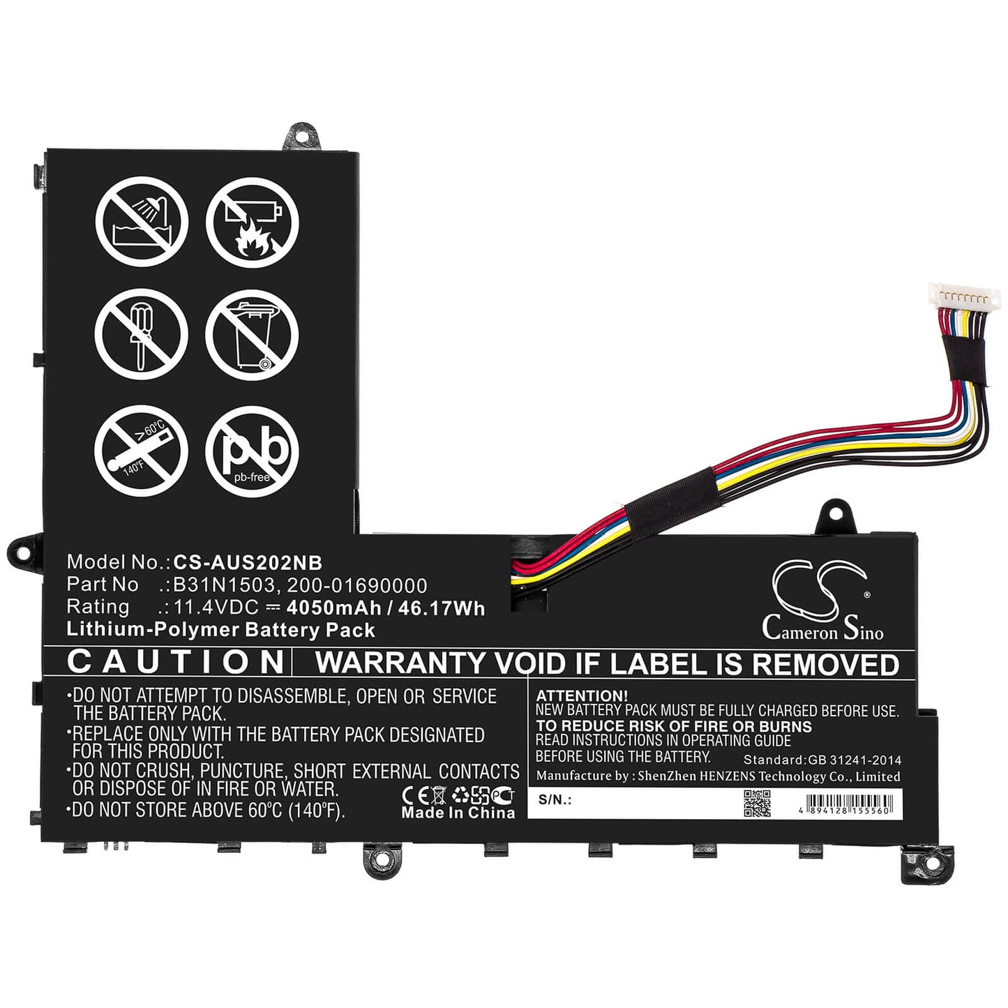 11.4V, 4050mAh, Li-Polymer Battery fits Asus, E202sa, E202sa Serie, 46.17Wh