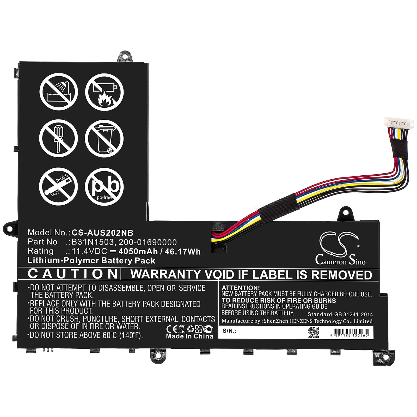 11.4V, 4050mAh, Li-Polymer Battery fits Asus, E202sa, E202sa Serie, 46.17Wh