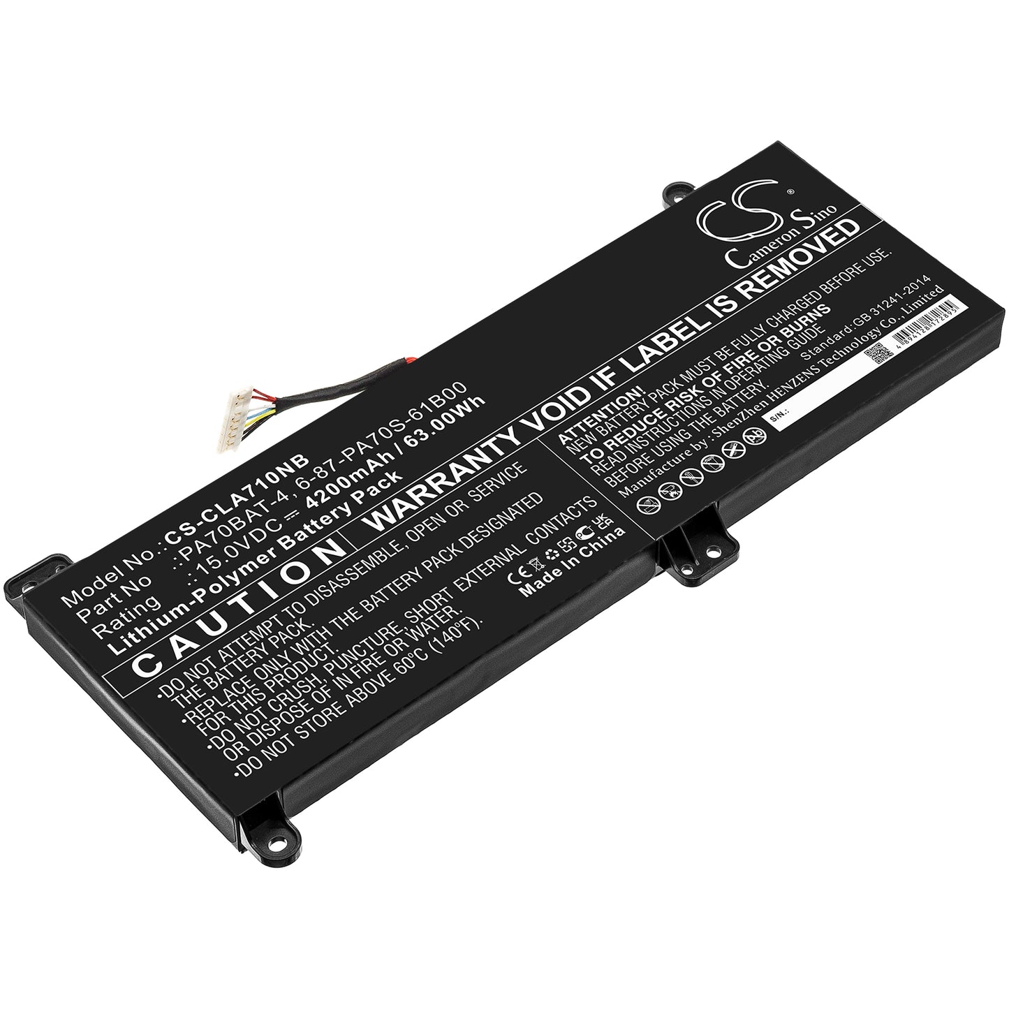 15.0V, 4200mAh, Li-Polymer Battery fits Wooking, S17 Pro-8u, 63Wh