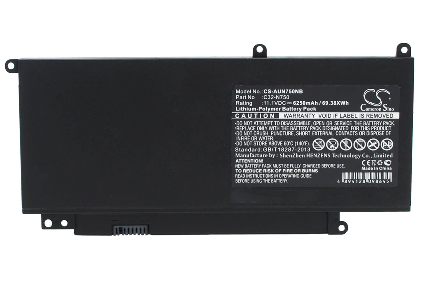 11.1V, 6250mAh, Li-Polymer Battery fits Asus, N750, N750j, 69.375Wh
