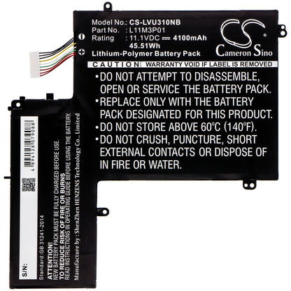 11.1V, 4100mAh, Li-Polymer Battery fits Lenovo, Ideapad U310, Ideapad U310 4375, 45.51Wh